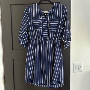 Monteau Striped Navy & White Dress with 3/4 Sleeves